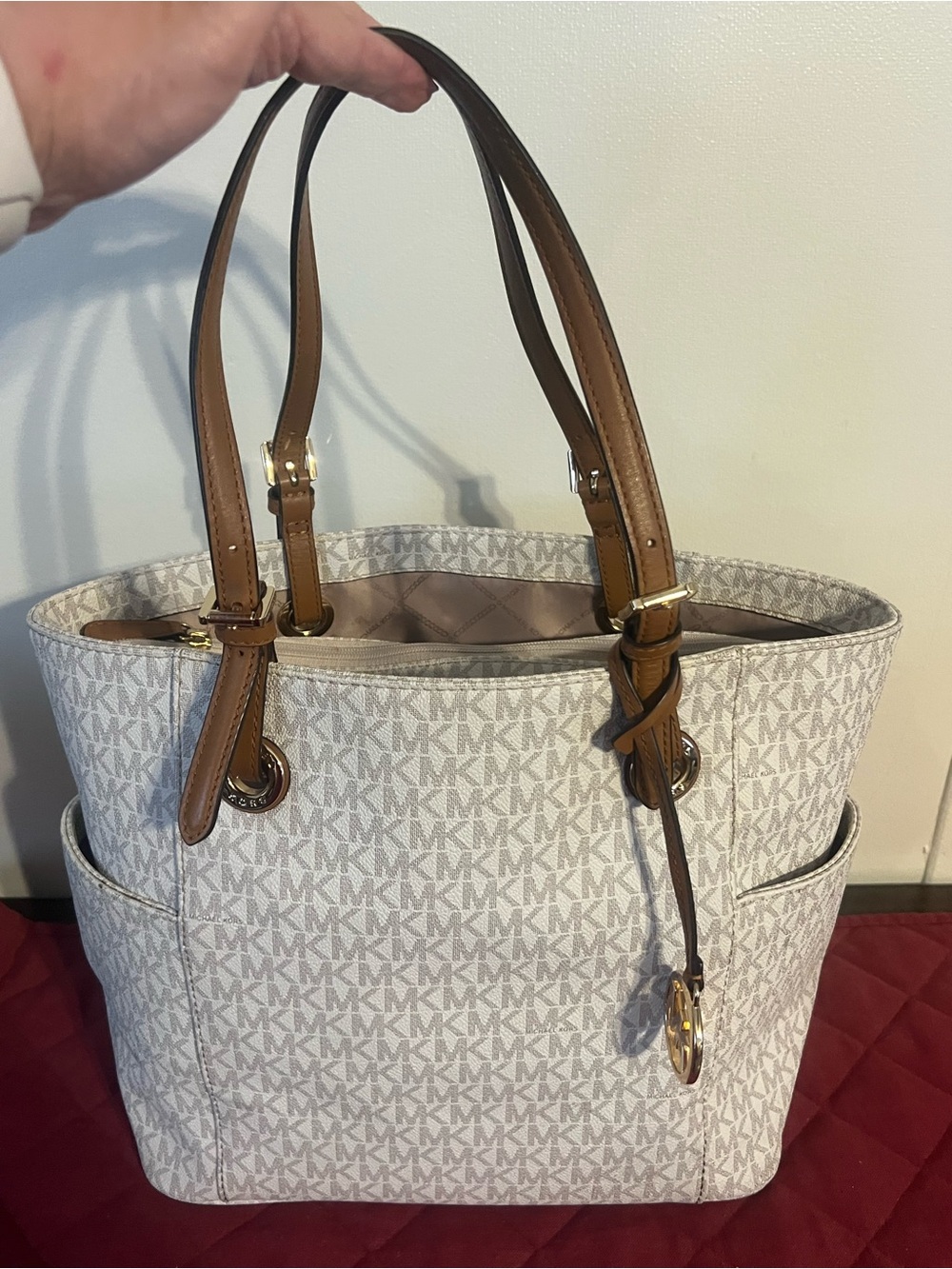 Michael Kors Beige/White Logo Tote with Brown Leather Handles